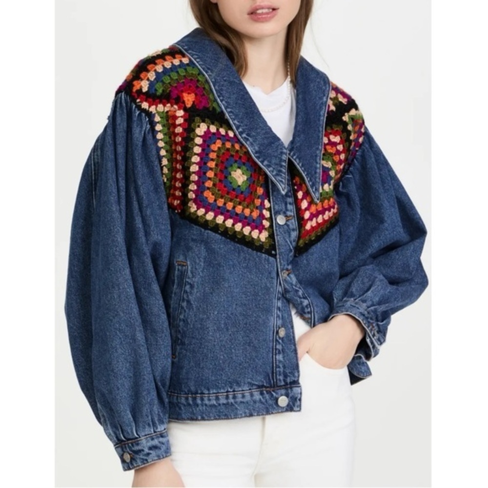Farm Rio Crochet Embroidered Denim Jean Jacket